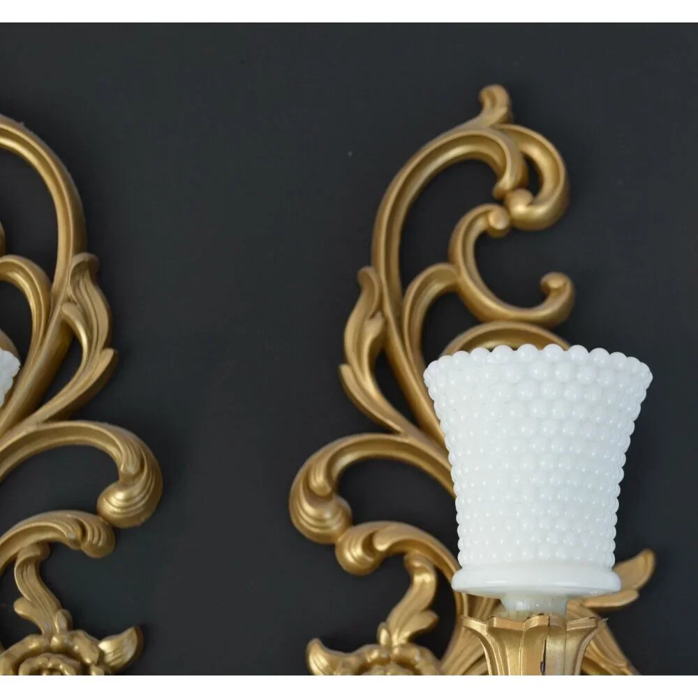 Syroco Vintage Hollywood Regency Gold Painted Candle Sconces with Milkglass Voti